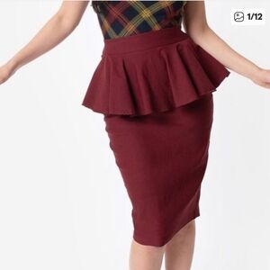 Unique Vintage 1940s Burgundy Stretch Peplum Boulevard Pencil Skirt